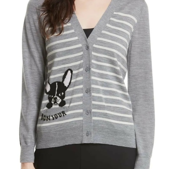 Kate Spade Broome Street Frenchie Bulldog Antoine Gray Wool Cardigan Sweater - Picture 1 of 12